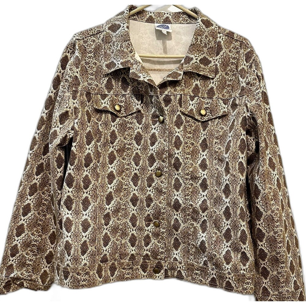 DG2 Diane Gilman Snakeskin Print Stretch Denim Jacket Women’s Large Brown Tan